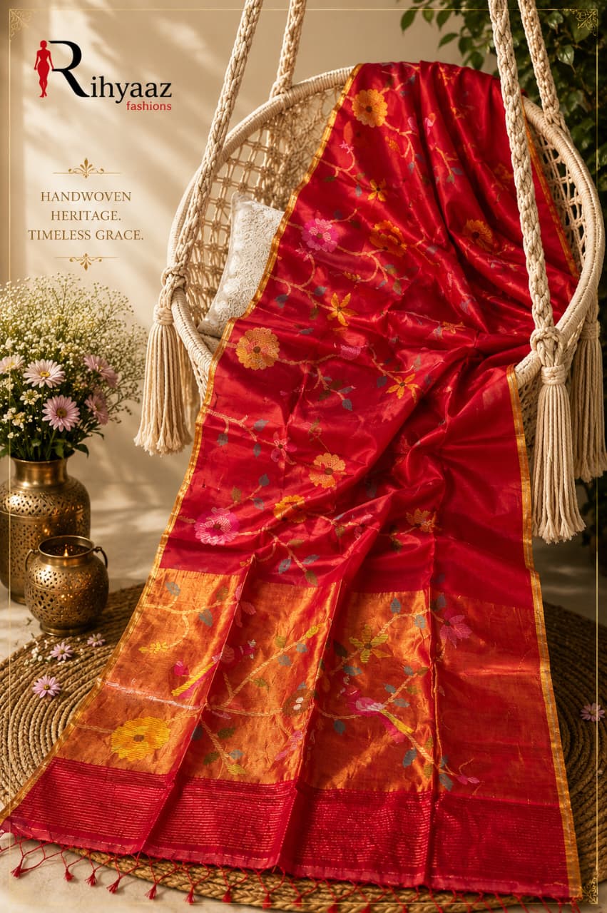 Anushua red Muslin Silk Paithani Palla Jamdani saree with intricate floral and bird weave by Rihyaaz.