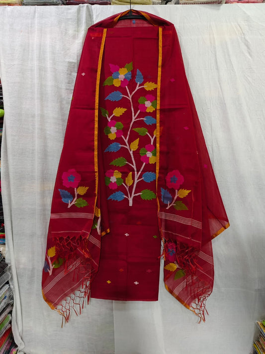 Petunia Red needle-woven Jamdani Muslin suit set by Rihyaaz, featuring a 2.5-meter top and 2.5-meter dupatta with elegant tassel detailing, showcasing traditional handloom craftsmanship and timeless ethnic style.