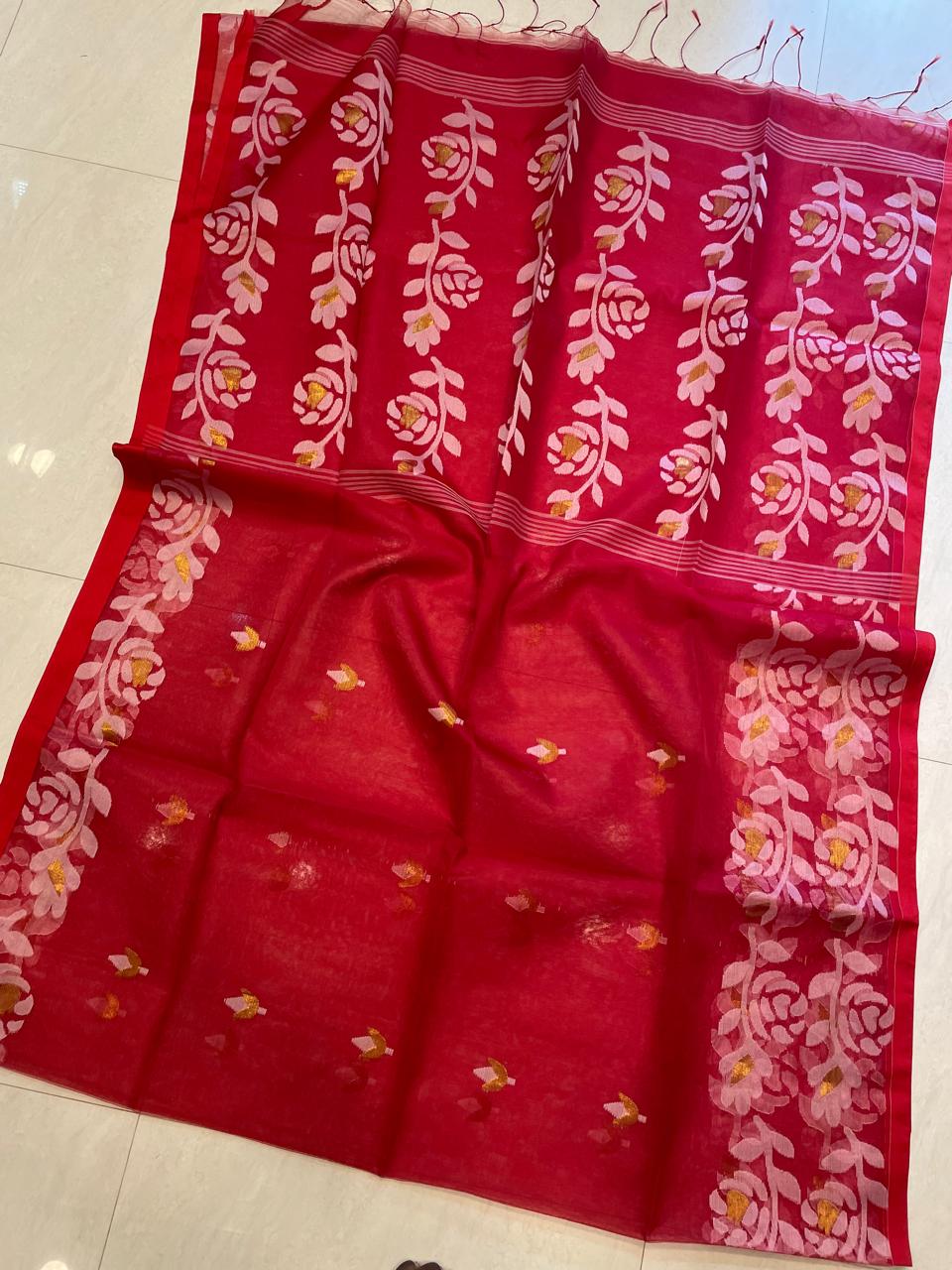 Muslin jacquard weaving saree by Rihyaaz featuring intricate woven patterns and an elegant lightweight drape.