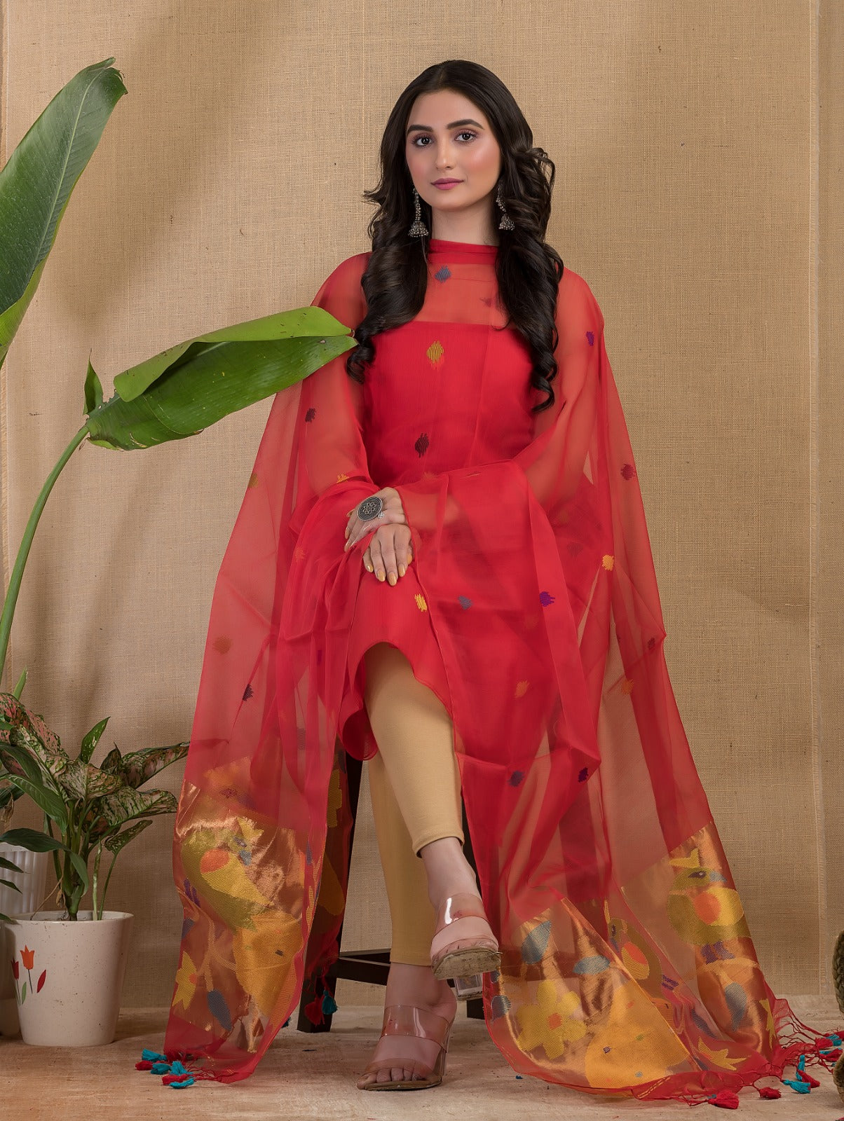 Rihyaaz Muslin Peacock Motif Paithani Jamdani handwoven suit with 2.5 meter top and tassel detailed dupatta