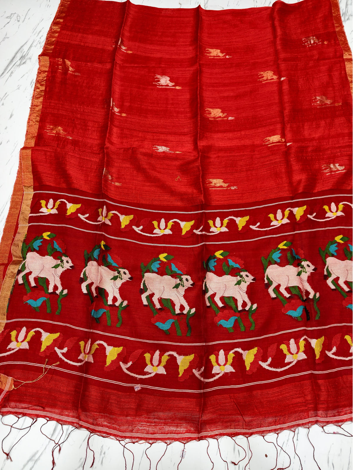 Godan red Pichwai Inspired Pure Motka Muslin saree with beautifully crafted pallu and matching blouse piece, Silk Mark certified by Rihyaaz Fashions.