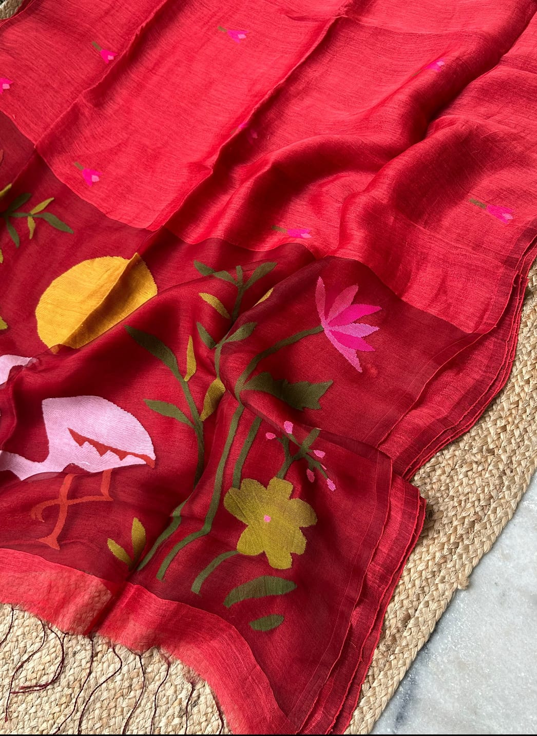 Kanika pure Jayasree silk linen saree with handwoven needlework Jamdani, pure Resham palla, all-over motifs and running blouse piece by Rihyaaz Fashions