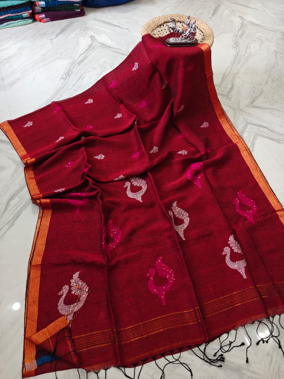 Exclusive Pure Linen by Linen Peacock Jamdani handwoven saree with all-over body Mina work and running blouse piece by Rihyaaz