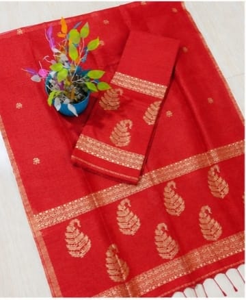 Kairi red Pure Silk Linen Jamdani suit with handwoven detailing and net tassel dupatta by Rihyaaz