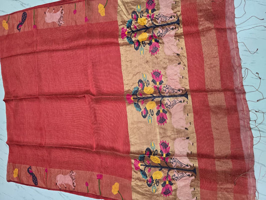 Suravi Silk Linen Pichwai Inspired Jamdani Saree by Rihyaaz featuring intricate handwoven Pichwai-inspired motifs on premium silk linen fabric, ideal for festive, wedding, and ethnic wear.