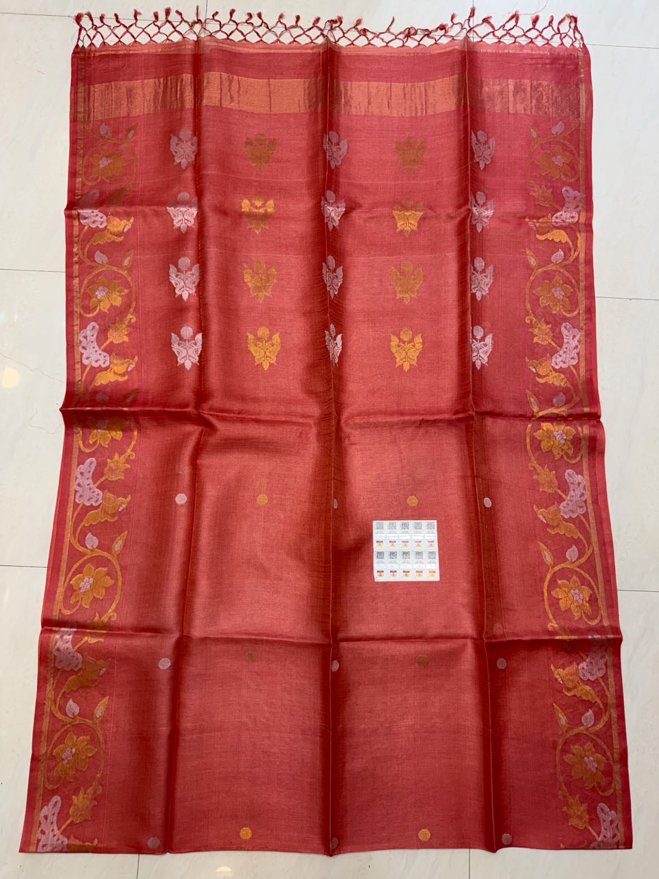Authentic Pure Gachhi Weaving Tissue Tussar Jamdani Saree with Unique Dye Design and Government Silk Mark Tag by Rihyaaz