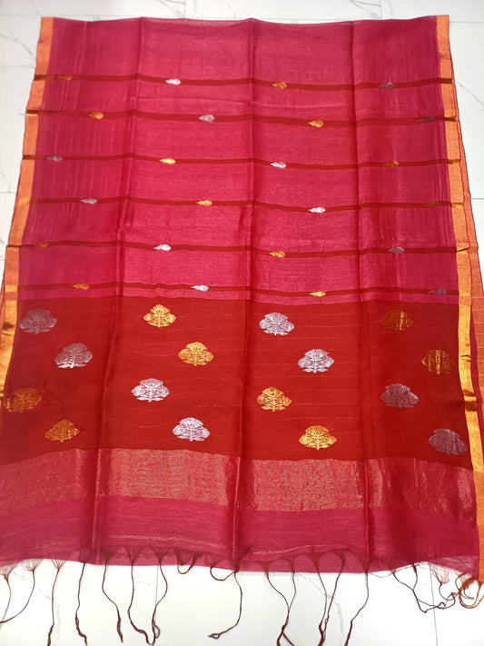 Silkmark Certified Red Bengal Handloom Tie and Dye Tushar saree with all-over design, contrast border and blouse piece by Rihyaaz.