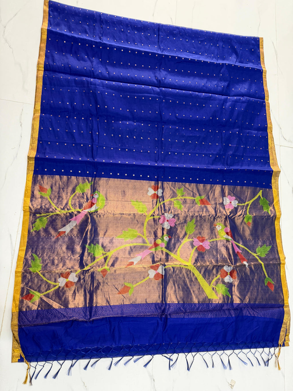 Tehni Royal blue sequin weaved Muslin Paithani saree by Rihyaaz, elegant traditional festive saree with intricate Paithani weaving and allover weaved sequin detailing.