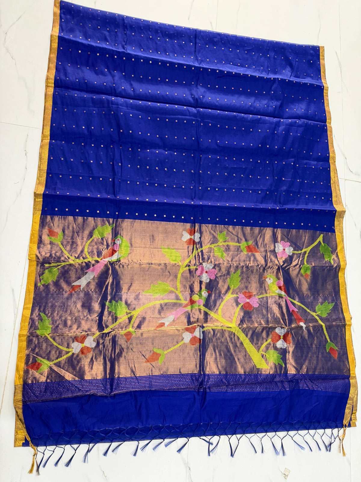 Tehni Royal blue sequin weaved Muslin Paithani saree by Rihyaaz, elegant traditional festive saree with intricate Paithani weaving and allover weaved sequin detailing.