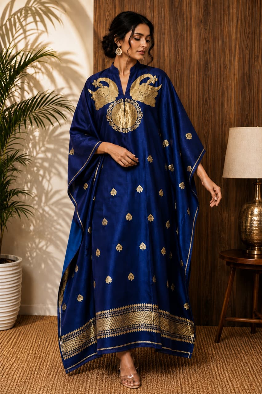 Nayra Banarasi weaved unstitched kaftan by Rihyaaz, showcasing elegant traditional Indian weaving and luxurious ethnic styling.