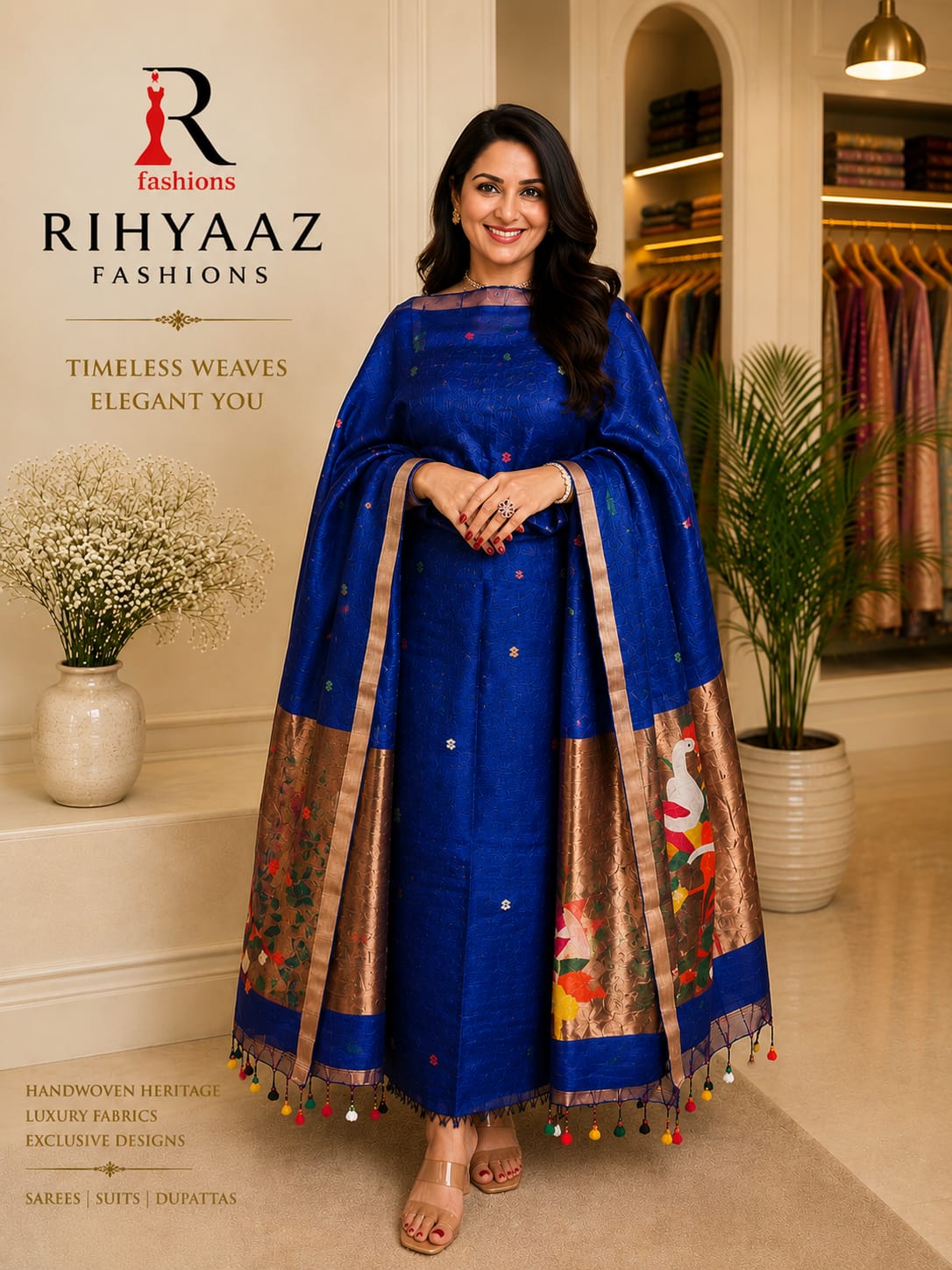 Mohor broad palla Paithani linen Jamdani suit by Rihyaaz with 3-meter linen top and 2.5-meter tassel dupatta in premium handloom-inspired weave.