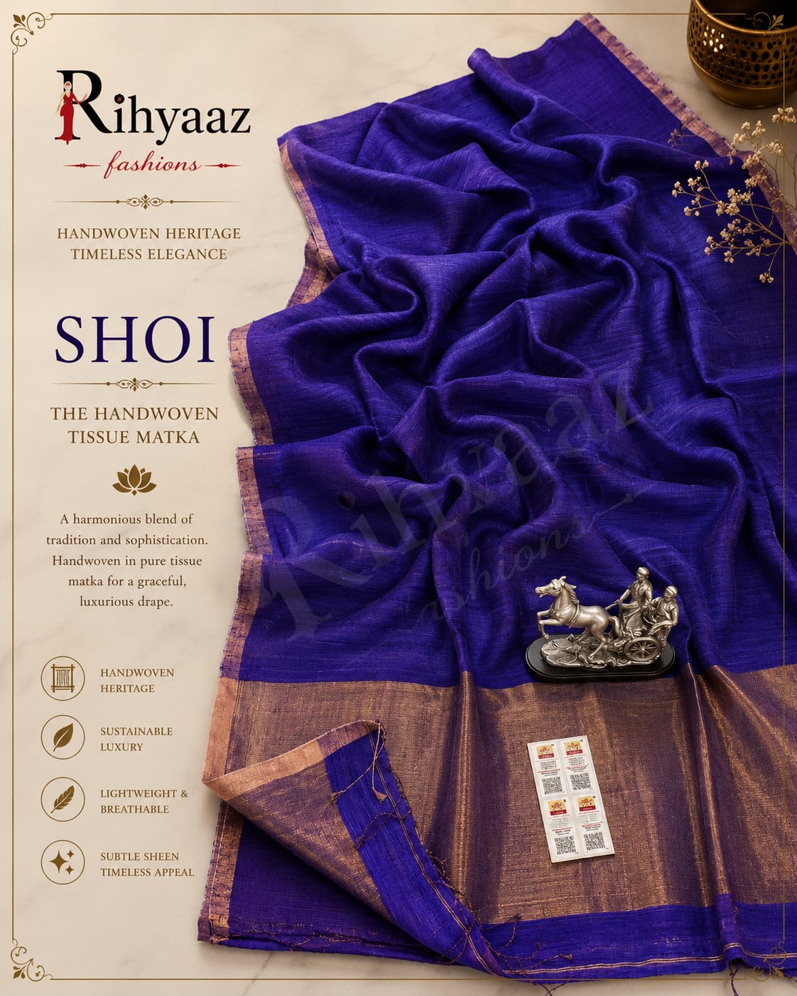 Shoi Inchi Par Tissue Resham Matka saree with elegant traditional border and running blouse piece by Rihyaaz.