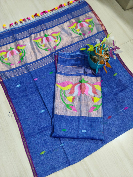 Cocoon Royal blue Jayshree linen by linen suit with intricate needle tissue patta Jamdani weaving, premium traditional ethnic wear by Rihyaaz.