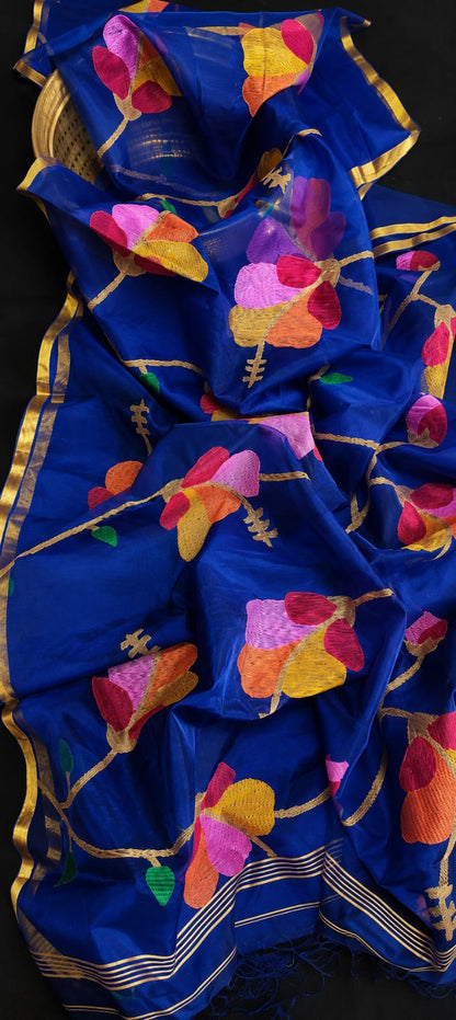 Blossom Muslin Allover Weaved Floral Motif Jamdani Saree by Rihyaaz 