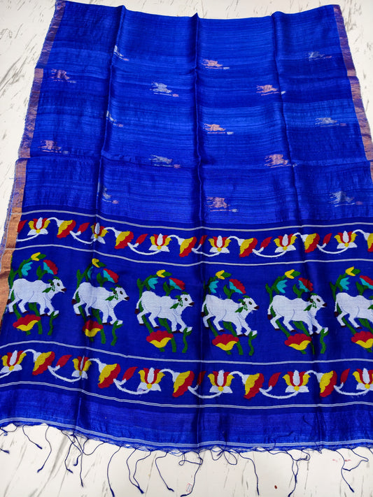 Godan Royal blue Pichwai Inspired Pure Motka Muslin saree with beautifully crafted pallu and matching blouse piece, Silk Mark certified by Rihyaaz Fashions.