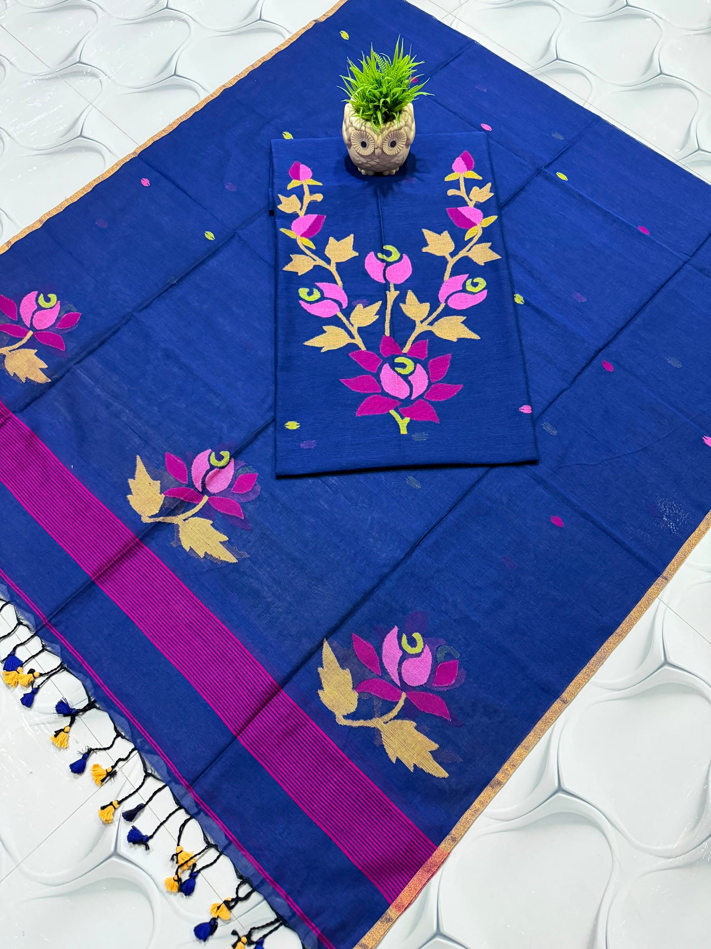 Royal Blue Pure cotton Jamdani suit set with 2.5 meter cotton top and 2.5 meter dupatta, featuring traditional Jamdani weaving and elegant ethnic design by Rihyaaz.