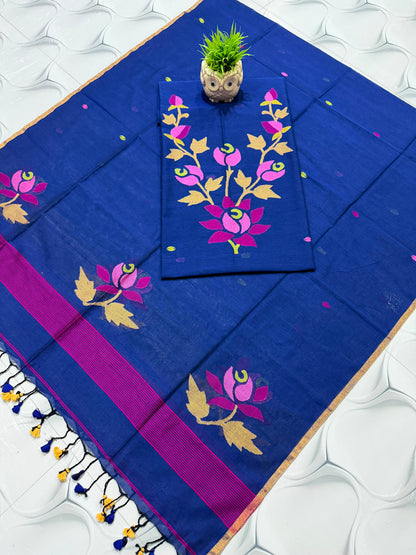 Royal Blue Pure cotton Jamdani suit set with 2.5 meter cotton top and 2.5 meter dupatta, featuring traditional Jamdani weaving and elegant ethnic design by Rihyaaz.