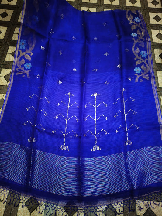 Maan pure premium Resham saree with needle tissue Jamdani work, brass sequin pallu and running blouse piece by Rihyaaz