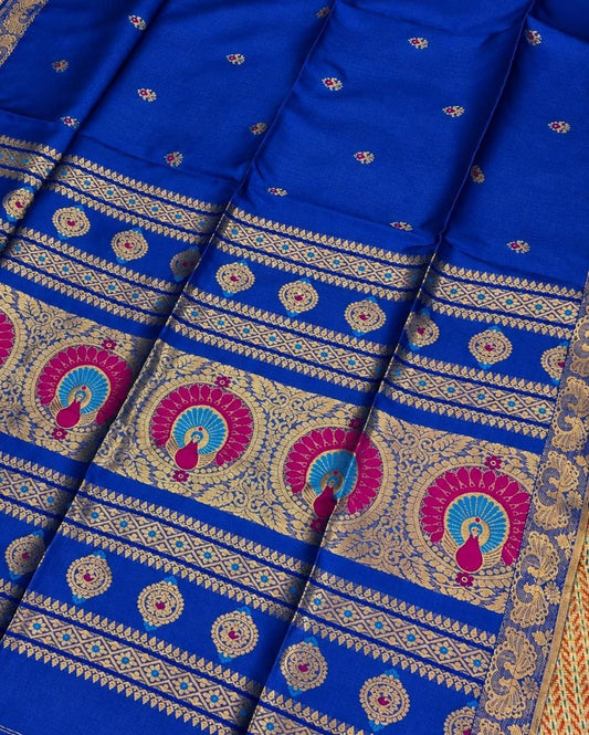 Mrunal royal blue pure Tussar by Tussar handwoven Meenakari Jamdani saree with Benarasi-style weave and running blouse piece by Rihyaaz.