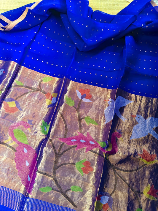 Aleya by Rihyaaz – 100% Pure 4 Ply × 4 Ply Resham Silk Sequins Paithani Jamdani Saree with Tested Zari and Pure Resham Matka Blouse Piece.