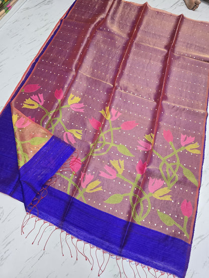 Raga sequin Matka saree with textured Matka body and elegant half tissue resham sequin Jamdani anchal. By Rihyaaz 