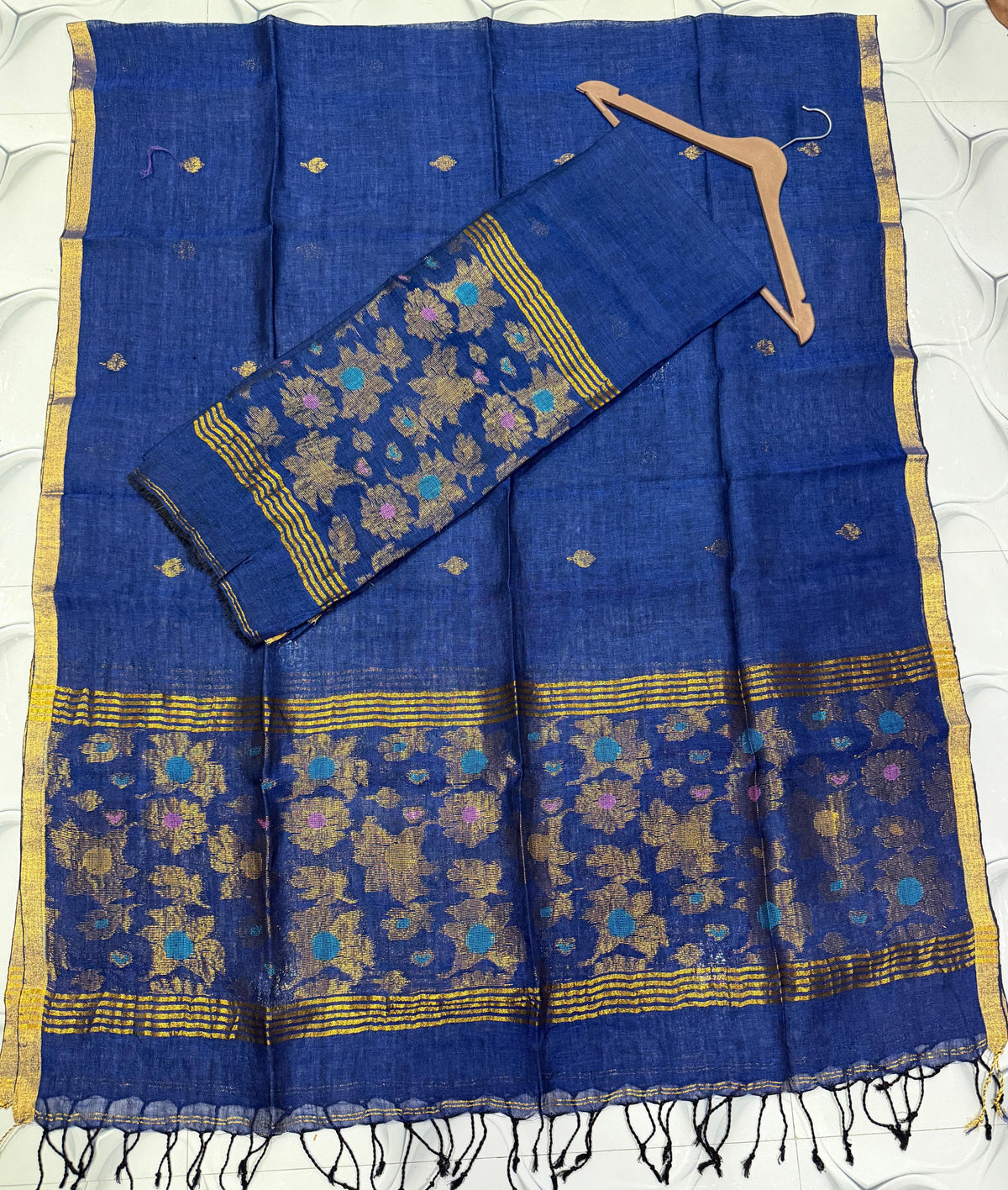 Royal Blue zari weaved pure linen Jamdani suit set with 2.6 meter top and 2.5 meter Tassels dupatta by Rihyaaz 