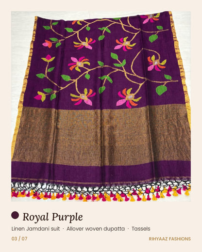 Gulmohar Royal purple linen needle-weaved Jamdani suits by Rihyaaz Fashions, showcasing elegant traditional weaving and sophisticated Indian ethnic wear for women.