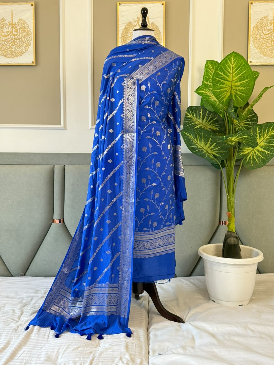 Exclusive Royal Blue Banarasi raw mango silk unstitched salwar kameez with zari-woven top, woven silk dupatta and Silk Katan bottom by Rihyaaz.