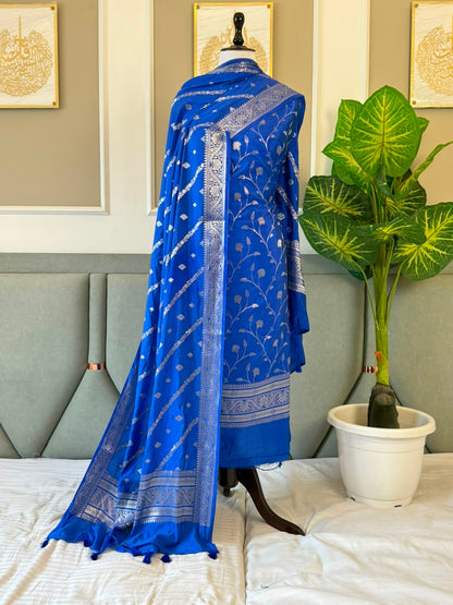 Exclusive Royal Blue Banarasi raw mango silk unstitched salwar kameez with zari-woven top, woven silk dupatta and Silk Katan bottom by Rihyaaz.