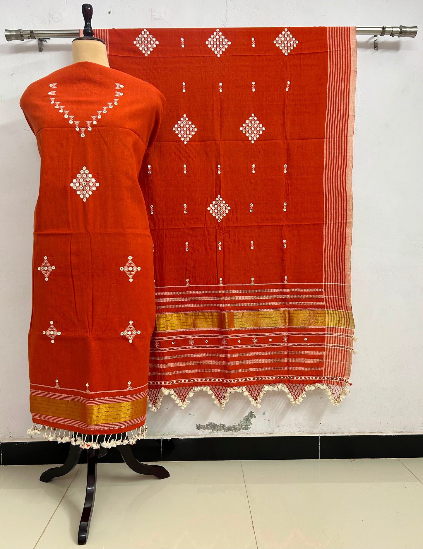 Ahir - Designer Kala Cotton 3 Piece Suit Set by Rihyaaz featuring handcrafted Ahir embroidery, breathable sustainable Kala Cotton fabric, matching kurta, pants and dupatta for elegant ethnic wear.