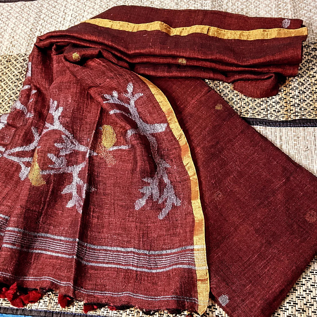 Panchchi - Dual Zari Bird Weaved Linen Jamdani Suit by Rihyaaz featuring handwoven premium linen fabric with intricate dual zari bird motifs and traditional Jamdani weaving, ideal for festive and ethnic occasions.