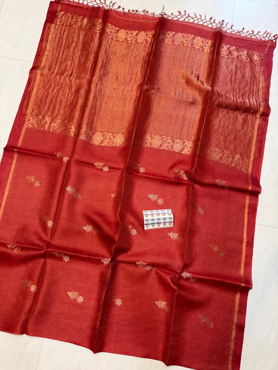 Authentic Gachi Tussar Sona Rupa Zari Weaved silk saree with floral motiffs and Government Silk Mark Tag by Rihyaaz 