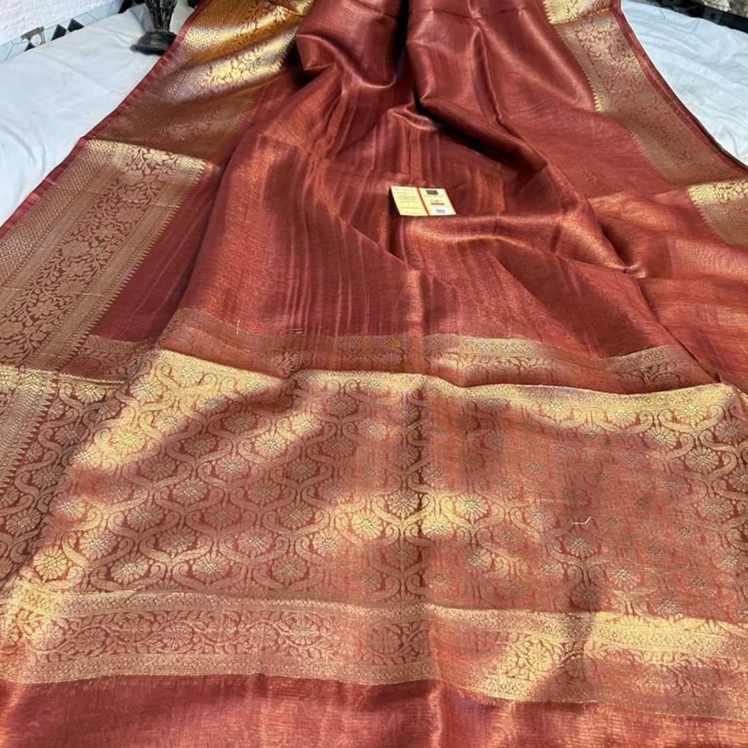 Ikangshi linen Benarasi saree with tested zari weaving and running blouse piece by Rihyaaz