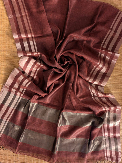 Rust Pure 100-count Jayashree linen saree with tested zari double border on both sides and zari palla, including running blouse piece from Rihyaaz Fashions.