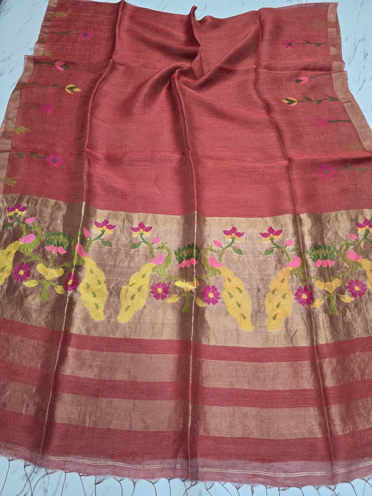 Keka pure silk linen saree with elegant muslin pallu, running blouse piece and Handloom Mark by Rihyaaz