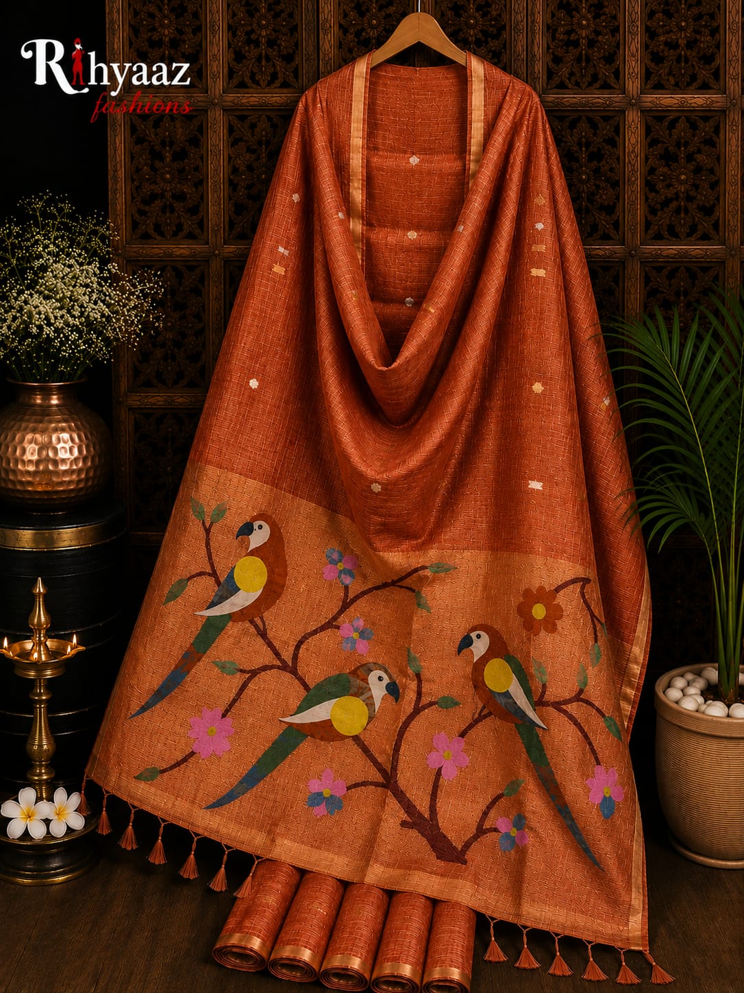 Niharika pure tissue silk linen saree with Paithani pallu and Jamdani hand weaving, featuring BP and Handloom Mark.