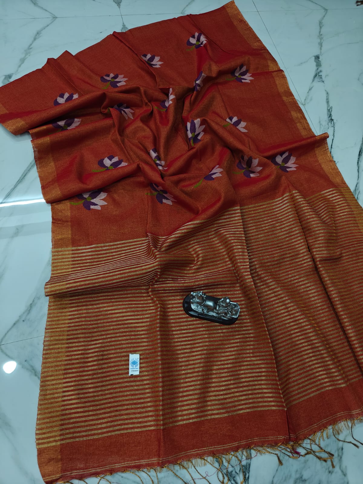 Lolita tissue linen allover weaved floral motiffs needle Jamdani saree with blouse piece, and striped zari weave in Pallu, handcrafted Bengali saree by Rihyaaz