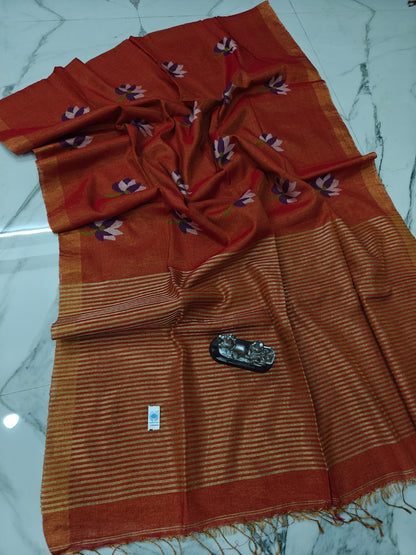 Lolita tissue linen allover weaved floral motiffs needle Jamdani saree with blouse piece, and striped zari weave in Pallu, handcrafted Bengali saree by Rihyaaz