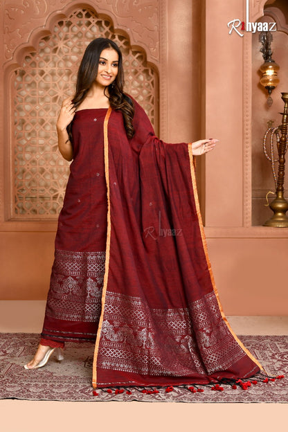 𝓣𝓻𝓪𝔂𝓪 Tissue Linen Korvai Border Suit by Rihyaaz, available in customisable colours and ready to dispatch.