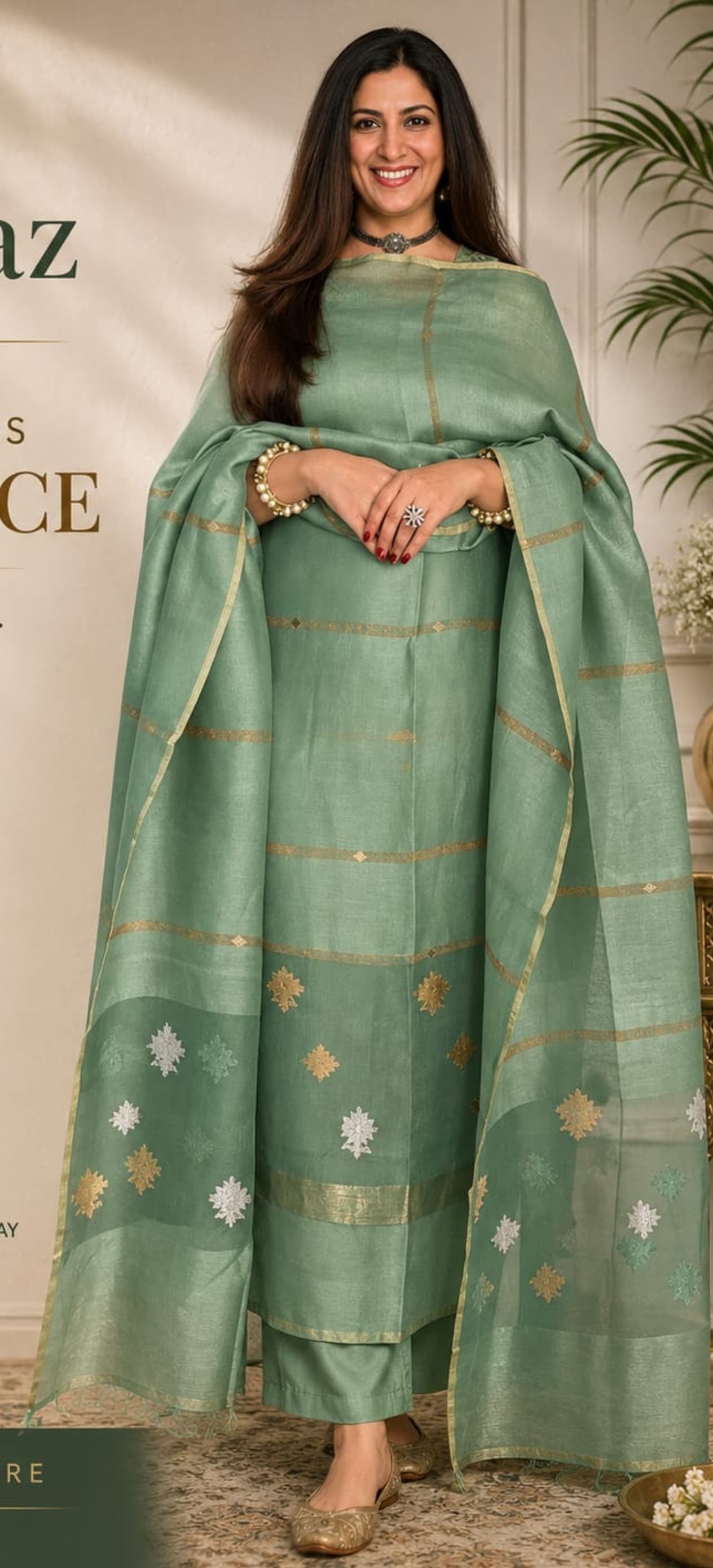 Laaj fine silk and silk-linen weaved suit with intricate gold and silver Jamdani weaving, featuring a matching top and dupatta by Rihyaaz; bottom available separately.