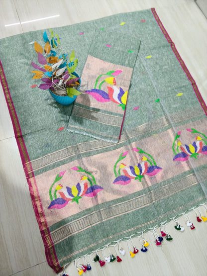 Cocoon Sage Green Jayshree linen by linen suit with intricate needle tissue patta Jamdani weaving, premium traditional ethnic wear by Rihyaaz.