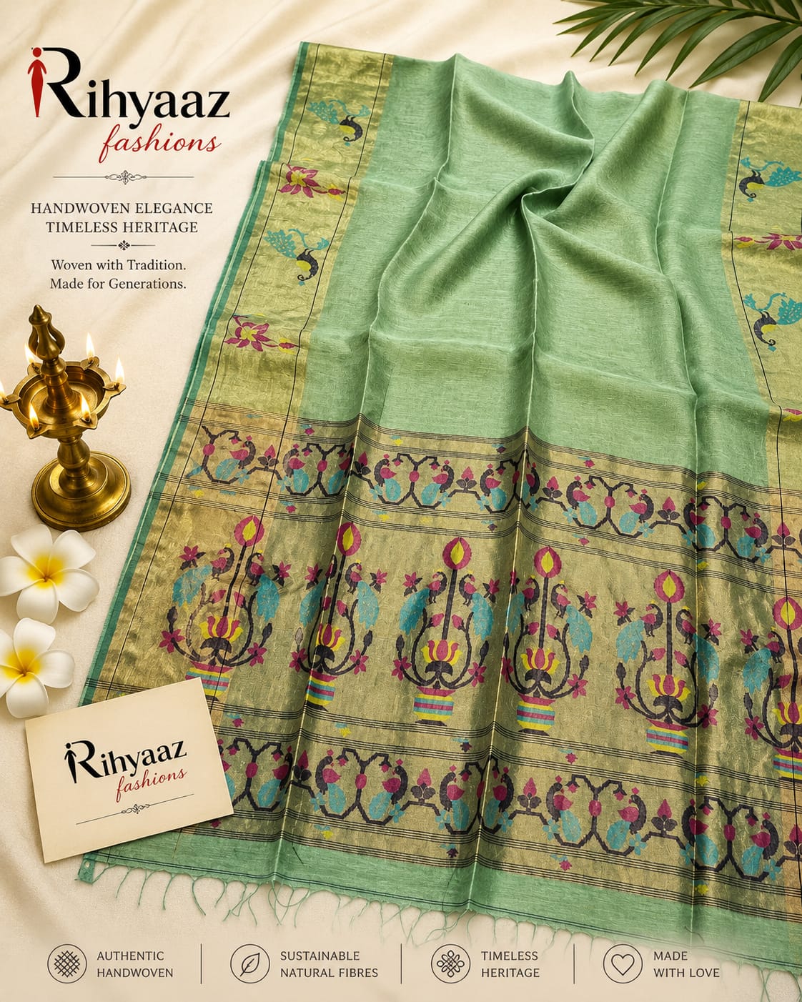 Sutra Silk Linen Intricate Paithani Palla Saree by Rihyaaz featuring exquisite handwoven craftsmanship, luxurious silk linen fabric, detailed Paithani palla, and an elegant traditional design for festive and wedding wear.