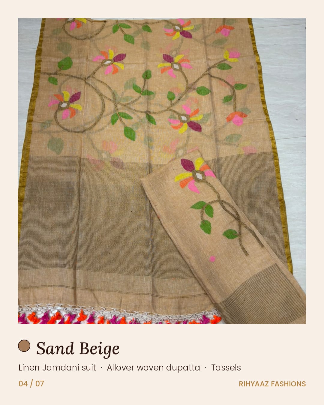 Gulmohar sand beige linen needle-weaved Jamdani suits by Rihyaaz Fashions, showcasing elegant traditional weaving and sophisticated Indian ethnic wear for women.