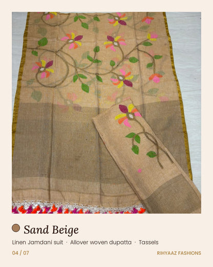 Gulmohar sand beige linen needle-weaved Jamdani suits by Rihyaaz Fashions, showcasing elegant traditional weaving and sophisticated Indian ethnic wear for women.
