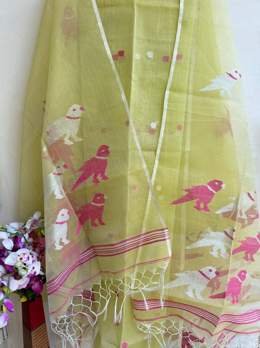 Chidiya muslin woven suit with zari and silk weaving, featuring polka dot motifs on the top by Rihyaaz Fashions.