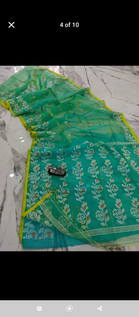 Muslin jacquard weaving saree by Rihyaaz featuring intricate woven patterns and an elegant lightweight drape.