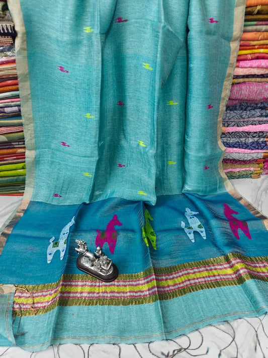 Terracotta Linen Silk Saree with intricate Resham woven palla by Rihyaaz, premium handwoven ethnic saree featuring elegant craftsmanship, soft drape, and timeless festive wear for women