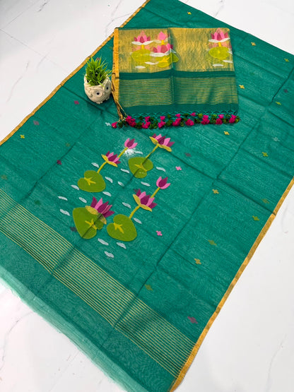 Rihyaaz handwoven Muslin Paithani Jamdani suit set with 2.5-meter top and 2.5-meter tassel-detail dupatta