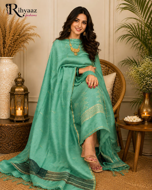 𝓝𝓪𝓳𝓪𝓶 silk linen sequin weaved dress featuring intricate double-weaved silk sequin detailing, crafted by Rihyaaz Fashions.