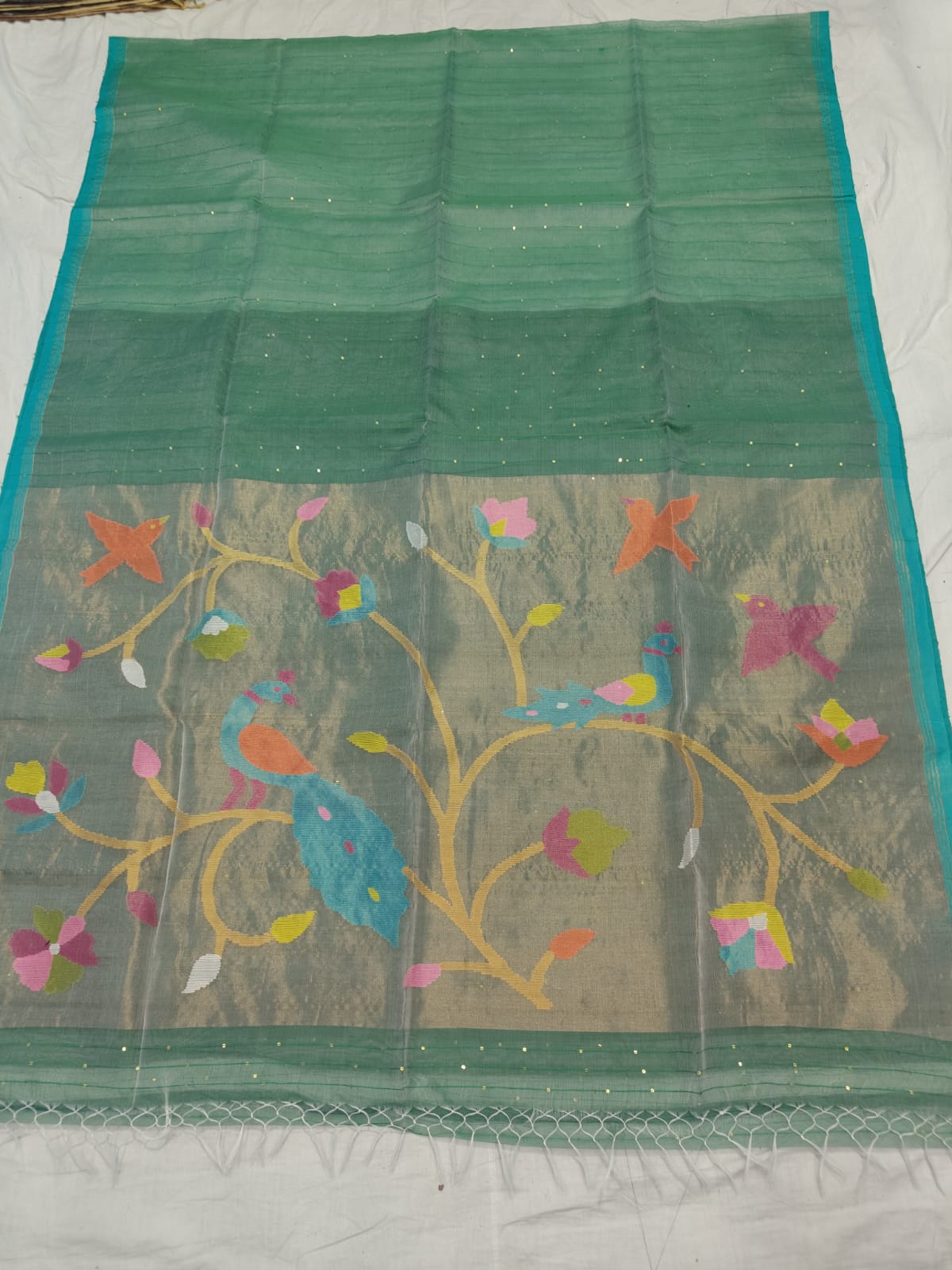 Odhani - Muslin Silk Paithani Weaved Saree with all-over sequin work by Rihyaaz in premium handcrafted festive ethnic wear featuring elegant Paithani motifs and luxurious muslin silk fabric.